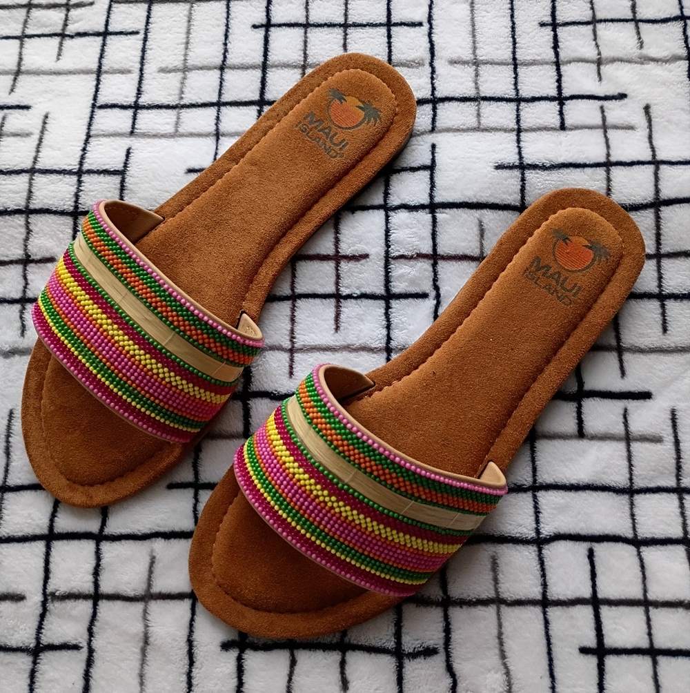 Maui Islander Brown Suede Slide Sandals with Multicolor Beaded Strap